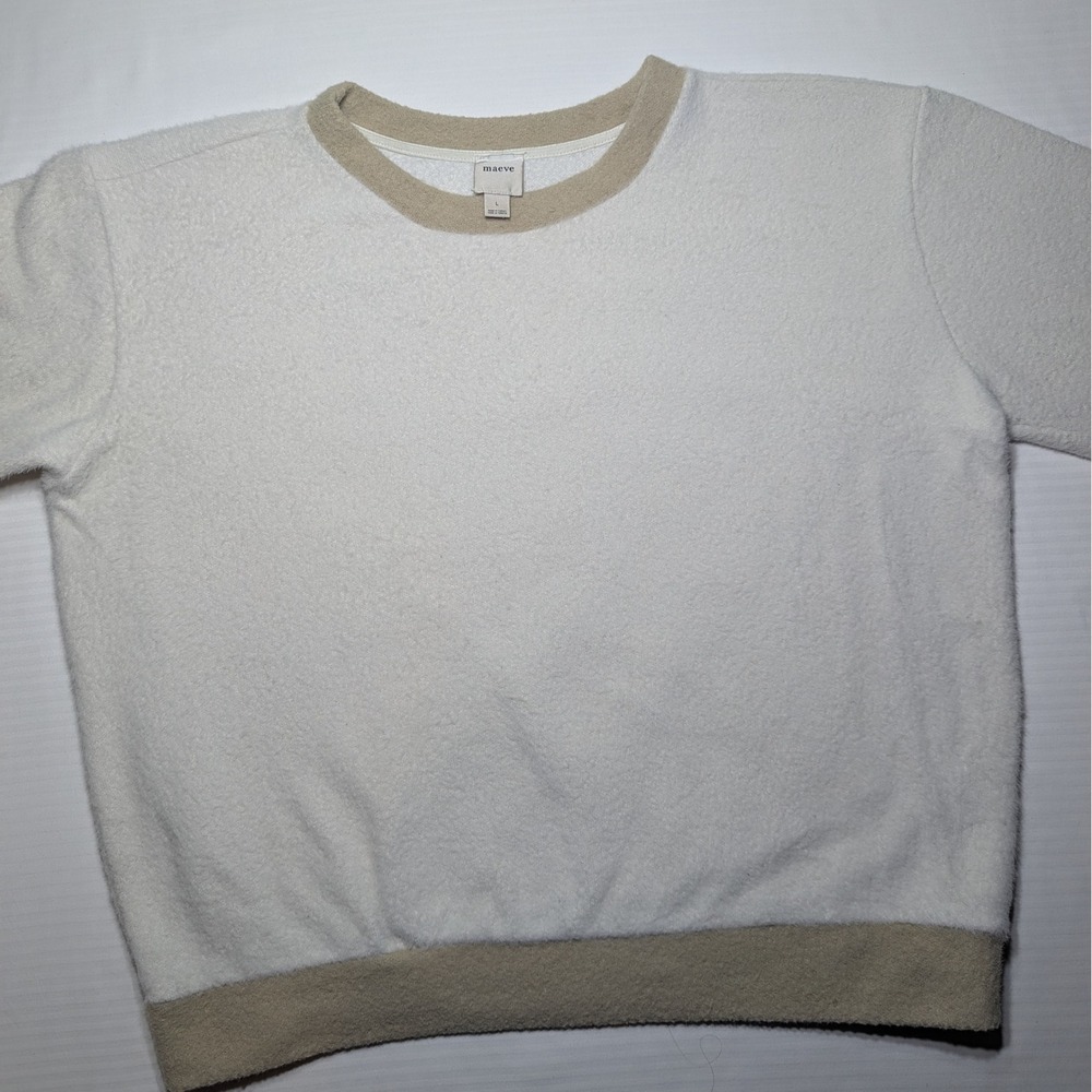 Maeve Anthropologie Women L Colorblock Fleece Crewneck Sweatshirt Ivory Beige